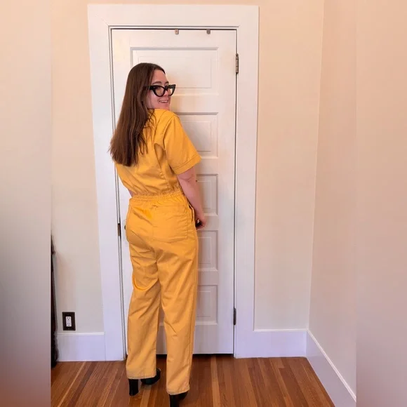 70s Vintage Yellow Cotton Blend Boiler Suit w Chainstitch Detailing Sz M-L - Picture 4 of 15